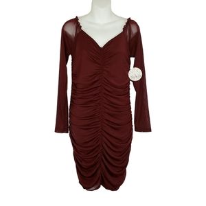 Jolie & Joy Rouched Mesh Long Sleeve V Neck Bodycon Wine Dress Size Large